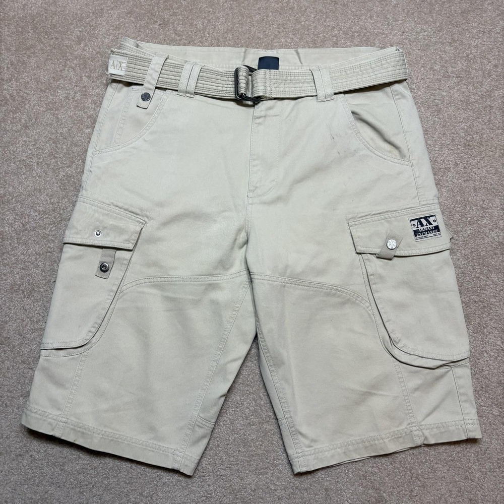Armani Exchange Cargo Shorts Mens 34 Beige Canvas Belted Utility A|X Streetwear